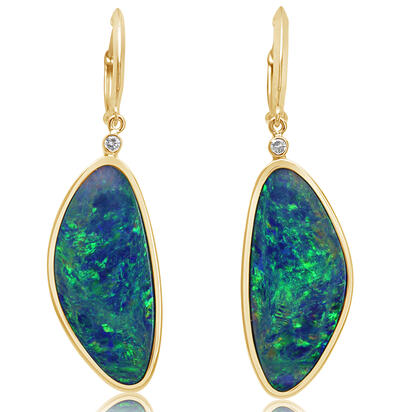 14K Yellow Gold Australian Opal Doublet/Diamond Earrings 14K Yellow Gold Australian Opal Doublet/Diamond Earrings