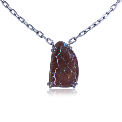Silver Australian Boulder Opal Neckpiece with Blackened Prongs Silver Australian Boulder Opal Neckpiece with Blackened Prongs