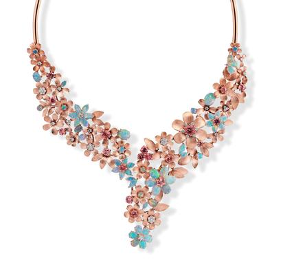 14K Rose Gold Australian Opal/Lotus Garnet/Diamond Neckpiece 14K Rose Gold Australian Opal/Lotus Garnet/Diamond Neckpiece
