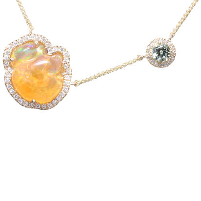 14K Yellow Gold Mexican Fire Opal/Mint Garnet/Diamond Neckpiece 14K Yellow Gold Mexican Fire Opal/Mint Garnet/Diamond Neckpiece