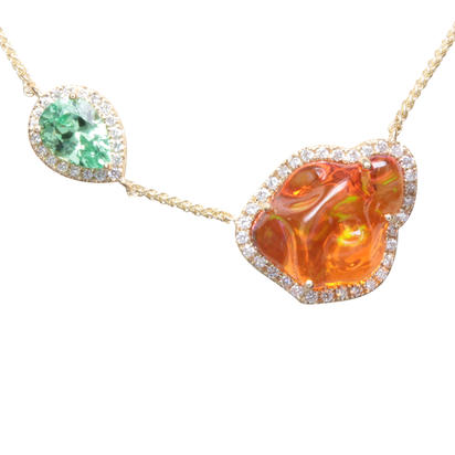 14K Yellow Gold Mexican Fire Opal/Mint Garnet/Diamond Neckpiece 14K Yellow Gold Mexican Fire Opal/Mint Garnet/Diamond Neckpiece