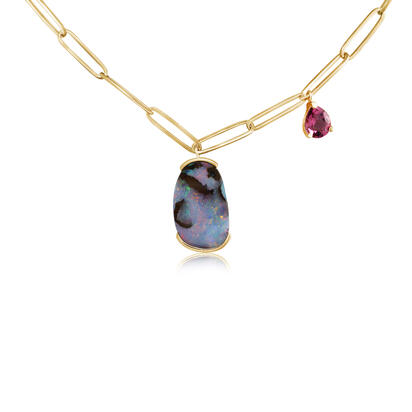 14K Yellow Gold Australian Boulder Opal/Pink Tourmaline Charm Neckpiece 14K Yellow Gold Australian Boulder Opal/Pink Tourmaline Charm Neckpiece