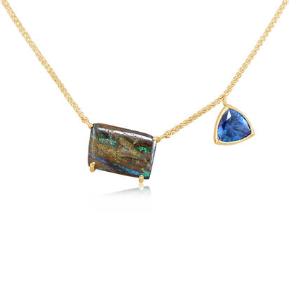 14K Yellow Gold Australian Boulder Opal/Kashmir Blue Topaz Charm Neckpiece , 14K Yellow Gold Australian Boulder Opal/Kashmir Blue Topaz Charm Neckpiece ,