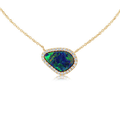 14K Yellow Gold Australian Opal Doublet/Diamond Neckpiece 14K Yellow Gold Australian Opal Doublet/Diamond Neckpiece