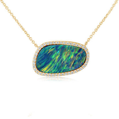 14K Yellow Gold Australian Opal Doublet/Diamond Neckpiece 14K Yellow Gold Australian Opal Doublet/Diamond Neckpiece