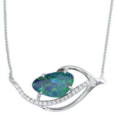 14K White Gold Australian Opal Doublet/Diamond Neckpiece 14K White Gold Australian Opal Doublet/Diamond Neckpiece