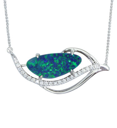 14K White Gold Australian Opal Doublet/Diamond Neckpiece 14K White Gold Australian Opal Doublet/Diamond Neckpiece