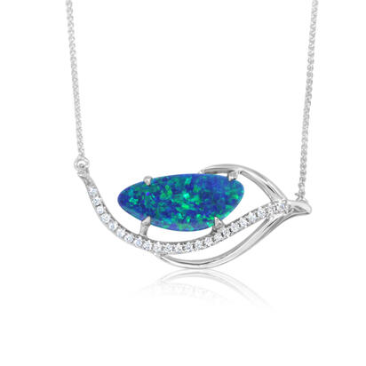 14K White Gold Australian Opal Doublet/Diamond Neckpiece 14K White Gold Australian Opal Doublet/Diamond Neckpiece