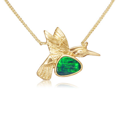 14K Yellow Gold Australian Opal Doublet Small Hummingbird Neckpiece 14K Yellow Gold Australian Opal Doublet Small Hummingbird Neckpiece