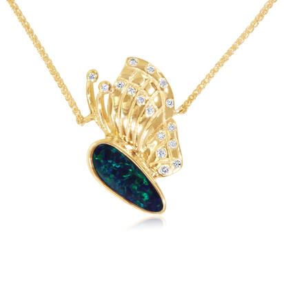 14K Yellow Gold Australian Opal Doublet/Diamond Small Butterfly Neckpiece 14K Yellow Gold Australian Opal Doublet/Diamond Small Butterfly Neckpiece