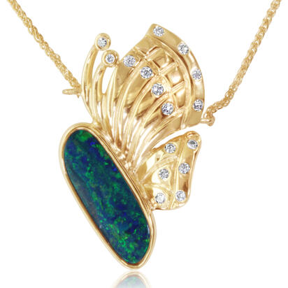 14K Yellow Gold Australian Opal Doublet/Diamond Medium Butterfly Neckpiece 14K Yellow Gold Australian Opal Doublet/Diamond Medium Butterfly Neckpiece