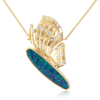 14K Yellow Gold Australian Opal Doublet/Diamond Large Butterfly Pendant 14K Yellow Gold Australian Opal Doublet/Diamond Large Butterfly Pendant