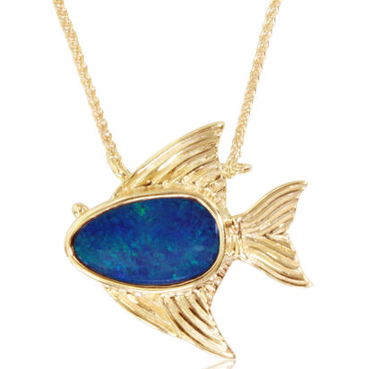 14K Yellow Gold Australian Opal Doublet Small Fish Neckpiece 14K Yellow Gold Australian Opal Doublet Small Fish Neckpiece