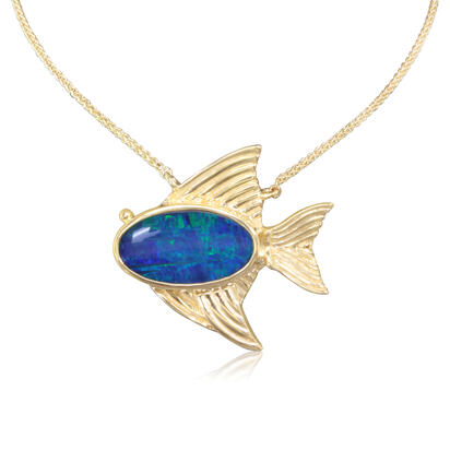 14K Yellow Gold Australian Opal Doublet Medium Fish Neckpiece 14K Yellow Gold Australian Opal Doublet Medium Fish Neckpiece