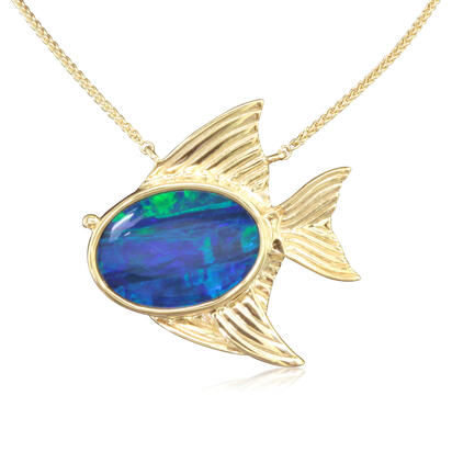 14K Yellow Gold Australian Opal Doublet Large Fish Neckpiece 14K Yellow Gold Australian Opal Doublet Large Fish Neckpiece