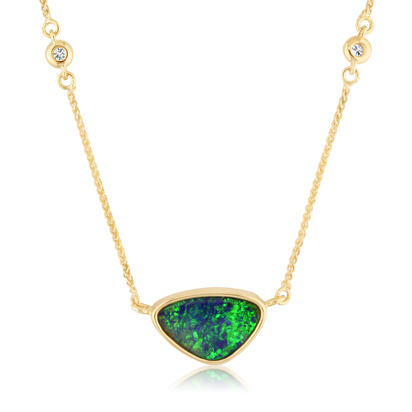 14K Yellow Gold Australian Opal Doublet/Diamond In Chain Neckpiece 14K Yellow Gold Australian Opal Doublet/Diamond In Chain Neckpiece