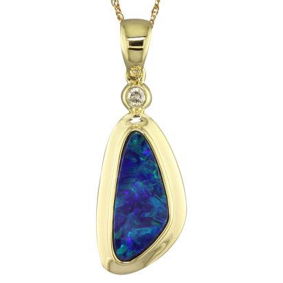14K Yellow Gold Australian Opal Doublet with Bezel Pendant with Diamond 14K Yellow Gold Australian Opal Doublet with Bezel Pendant with Diamond