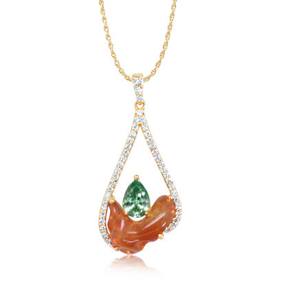 14K Yellow Gold Mexican Fire Opal/Mint Garnet/Diamond Pendant 14K Yellow Gold Mexican Fire Opal/Mint Garnet/Diamond Pendant