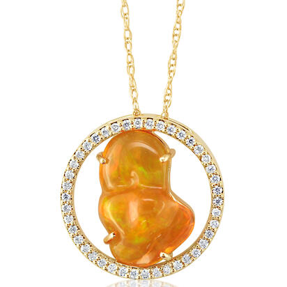 14K Yellow Gold Mexican Fire Opal/Diamond Pendant with Chain 14K Yellow Gold Mexican Fire Opal/Diamond Pendant with Chain