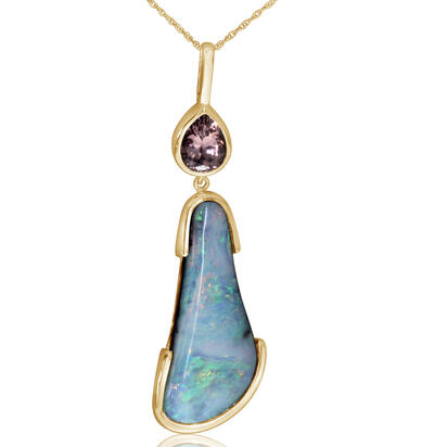 14K Yellow Gold Australian Boulder Opal/Lotus Garnet Pendant 14K Yellow Gold Australian Boulder Opal/Lotus Garnet Pendant
