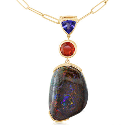 14K Yellow Gold Australian Boulder Opal/Tanzanite/Fire Opal/ Pendant ,H 14K Yellow Gold Australian Boulder Opal/Tanzanite/Fire Opal/ Pendant ,H