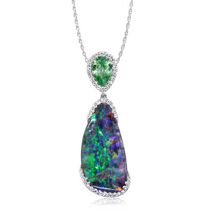 18K White Gold Australian Boulder Opal/Mint Garnet/Diamond Pendant 18K White Gold Australian Boulder Opal/Mint Garnet/Diamond Pendant