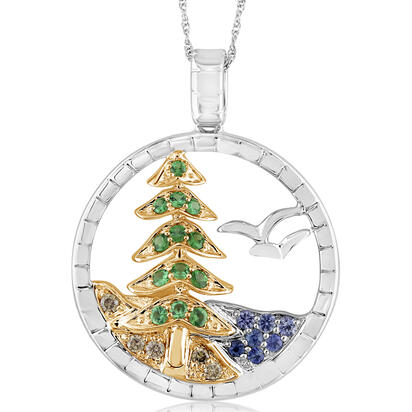 Sterling Silver /14K Yellow Gold Graduated Blue Sapphire Lake, Tsavorite Tree, Brn Diamond & Bird Pendant Sterling Silver /14K Yellow Gold Graduated Blue Sapphire Lake, Tsavorite Tree, Brn Diamond & Bird Pendant