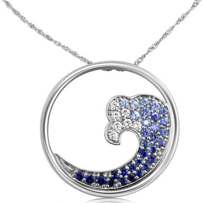 14K White Gold Graduated Blue Sapphire Diamond Tip 30mm Wave Pendant 14K White Gold Graduated Blue Sapphire Diamond Tip 30mm Wave Pendant