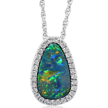 14K White Gold Australian Opal Doublet/Diamond Pendant 14K White Gold Australian Opal Doublet/Diamond Pendant