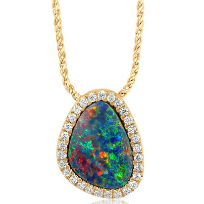 14K Yellow Gold Australian Opal Doublet/Diamond Pendant 14K Yellow Gold Australian Opal Doublet/Diamond Pendant