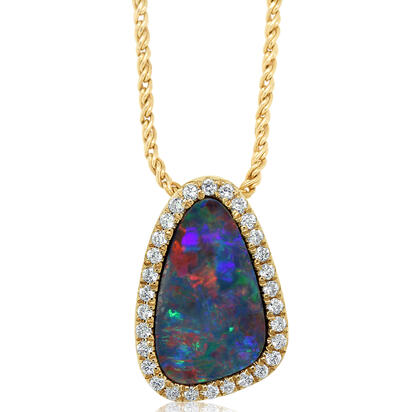 14K Yellow Gold Australian Opal Doublet/Diamond Pendant 14K Yellow Gold Australian Opal Doublet/Diamond Pendant