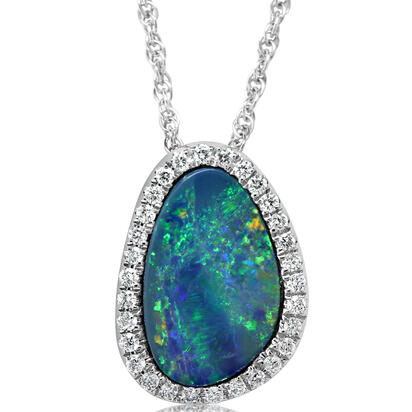 14K White Gold Australian Opal Doublet/Diamond Pendant 14K White Gold Australian Opal Doublet/Diamond Pendant