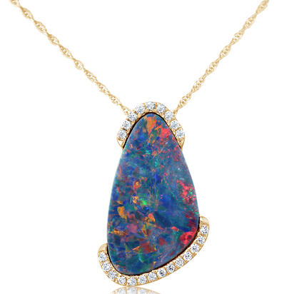 14K Yellow Gold Australian Opal Doublet/Diamond Pendant 14K Yellow Gold Australian Opal Doublet/Diamond Pendant