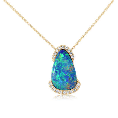 14K Yellow Gold Australian Opal Doublet/Diamond Pendant 14K Yellow Gold Australian Opal Doublet/Diamond Pendant