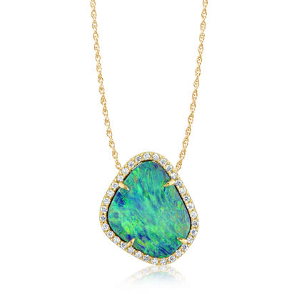 14K Yellow Gold Australian Opal Doublet/Diamond Pendant 14K Yellow Gold Australian Opal Doublet/Diamond Pendant