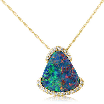 14K Yellow Gold Australian Opal Doublet/Diamond Pendant 14K Yellow Gold Australian Opal Doublet/Diamond Pendant