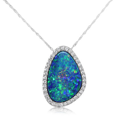 14K White Gold Australian Opal Doublet/Diamond Pendant 14K White Gold Australian Opal Doublet/Diamond Pendant