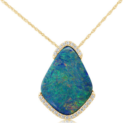 14K Yellow Gold Australian Opal Doublet/Diamond Pendant 14K Yellow Gold Australian Opal Doublet/Diamond Pendant