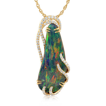 18K Yellow Gold Australian Opal Doublet/Diamond Pendant 18K Yellow Gold Australian Opal Doublet/Diamond Pendant