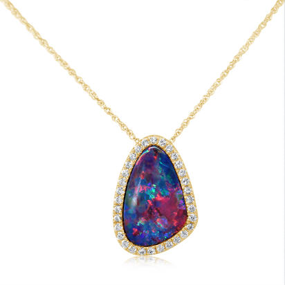14K Yellow Gold Australian Opal Doublet/Diamond Pendant 14K Yellow Gold Australian Opal Doublet/Diamond Pendant