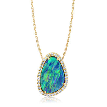 14K Yellow Gold Australian Opal Doublet/Diamond Pendant 14K Yellow Gold Australian Opal Doublet/Diamond Pendant