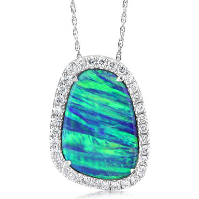 14K White Gold Australian Opal Doublet/Diamond Pendant 14K White Gold Australian Opal Doublet/Diamond Pendant