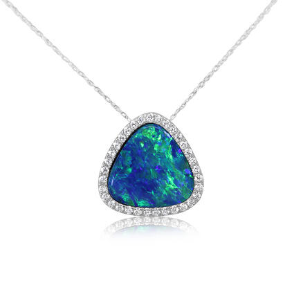 14K White Gold Australian Opal Doublet/Diamond Pendant 14K White Gold Australian Opal Doublet/Diamond Pendant