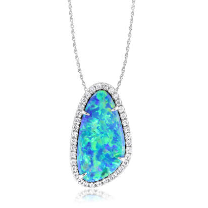 14K White Gold Australian Opal Doublet/Diamond Pendant 14K White Gold Australian Opal Doublet/Diamond Pendant
