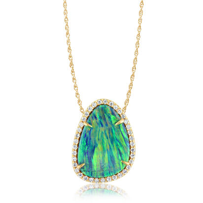14K Yellow Gold Australian Opal Doublet/Diamond Pendant 14K Yellow Gold Australian Opal Doublet/Diamond Pendant