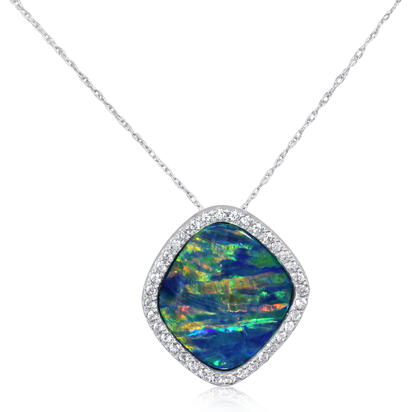 14K White Gold Australian Opal Doublet/Diamond Pendant 14K White Gold Australian Opal Doublet/Diamond Pendant