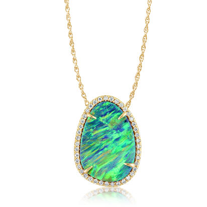 14K Yellow Gold Australian Opal Doublet/Diamond Pendant 14K Yellow Gold Australian Opal Doublet/Diamond Pendant