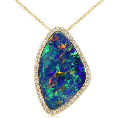 14K Yellow Gold Australian Opal Doublet/Diamond Pendant 14K Yellow Gold Australian Opal Doublet/Diamond Pendant