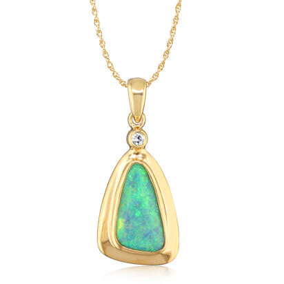 14K Yellow Gold Natural Opal Wide Bezel Pendant with Diamond 14K Yellow Gold Natural Opal Wide Bezel Pendant with Diamond