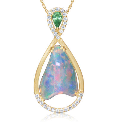 14K White Gold Australian Opal/Mint Garnet/Diamond Pendant 14K White Gold Australian Opal/Mint Garnet/Diamond Pendant